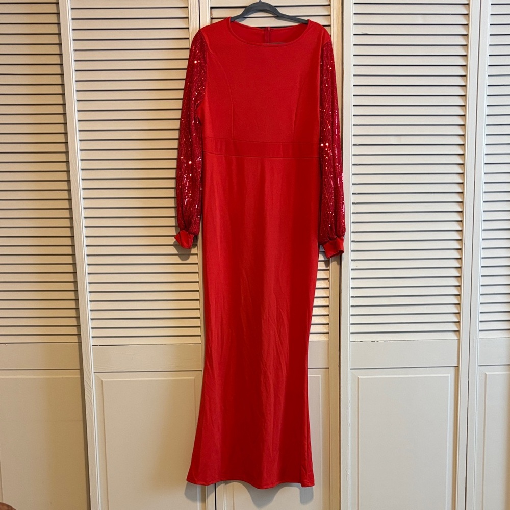 Elegant Red Sequin Sleeve Dress
